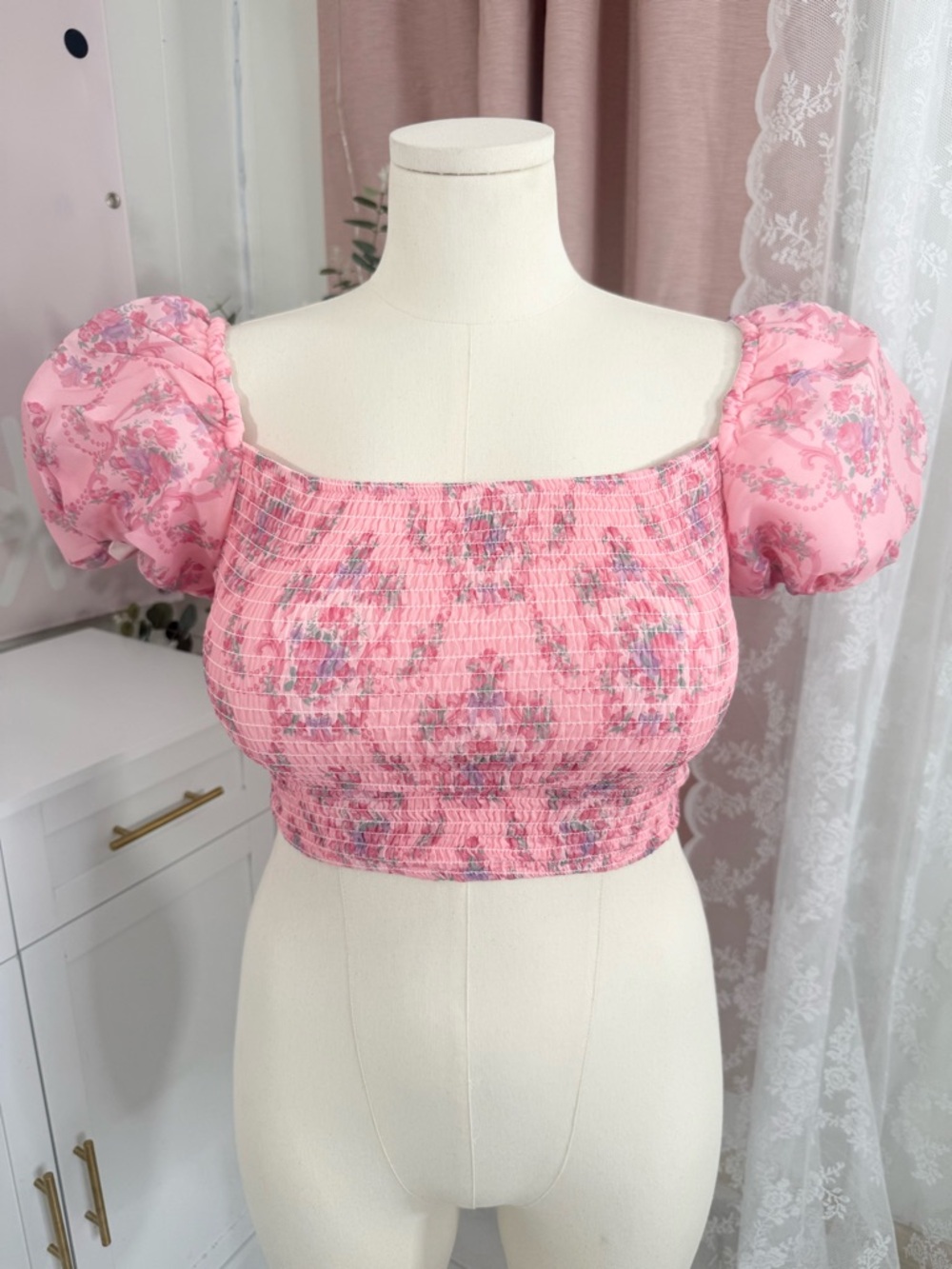 Sugar Thrillz Pink Floral Smocked Puff Sleeve Crop Top Bin#5